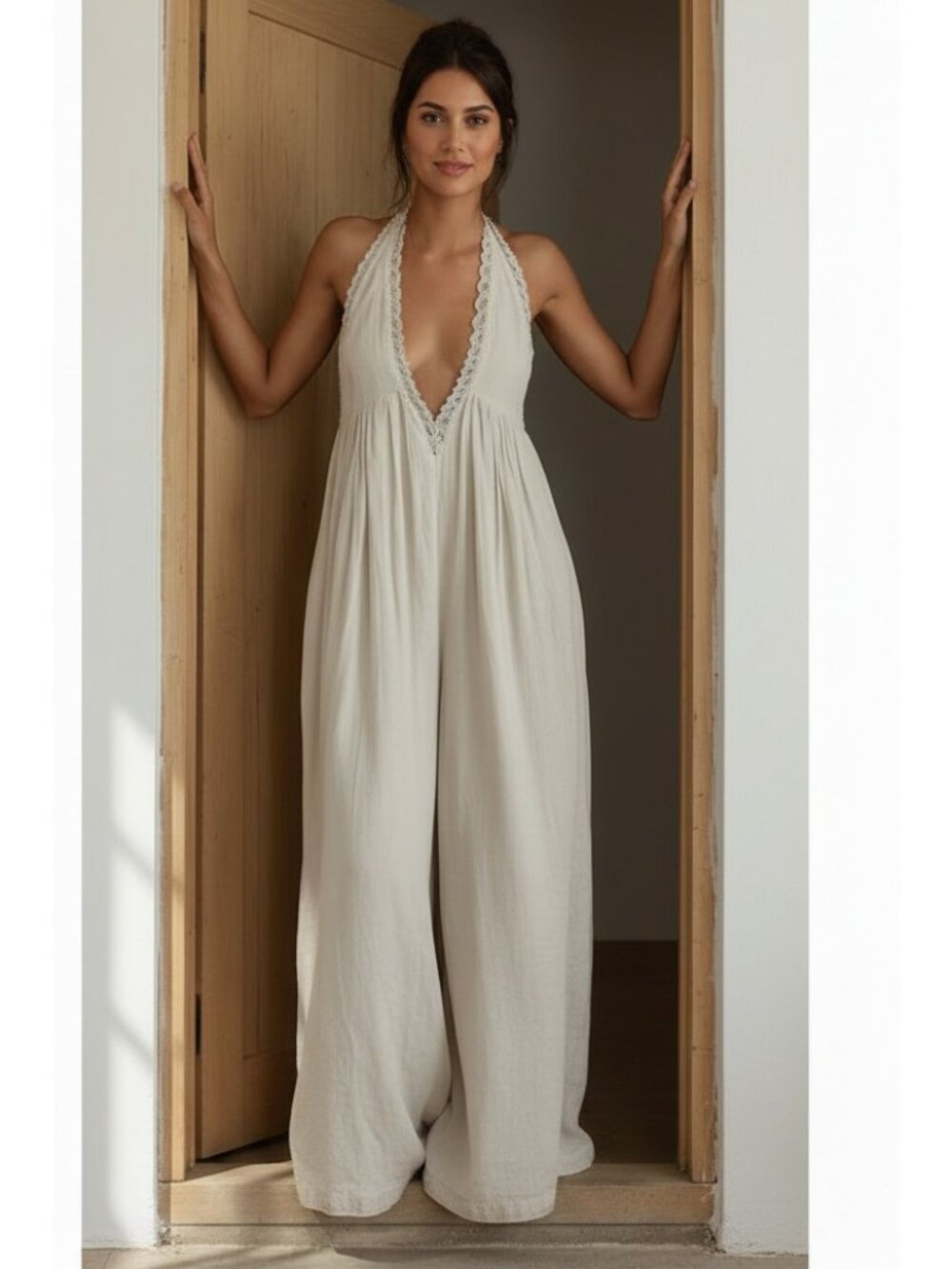 Lace Trim Plunging V-Neck Ultra Wide Leg Boho Jumpsuit Sleeveless One-Piece
